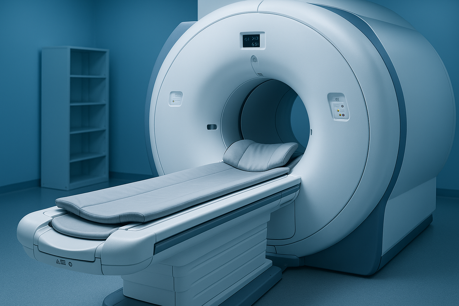 Equipamento de ressonância magnética em sala azul moderna, com túnel amplo e mesa acolchoada, ambiente tecnológico e limpo.