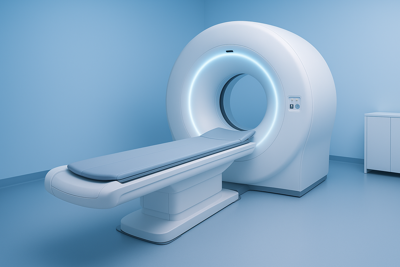 Tomógrafo photon-counting em sala azul moderna, com gantry estreito e mesa acolchoada, ambiente limpo e tecnológico.